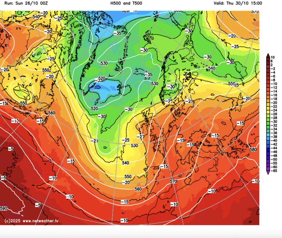 Weather map showing increased temperatures