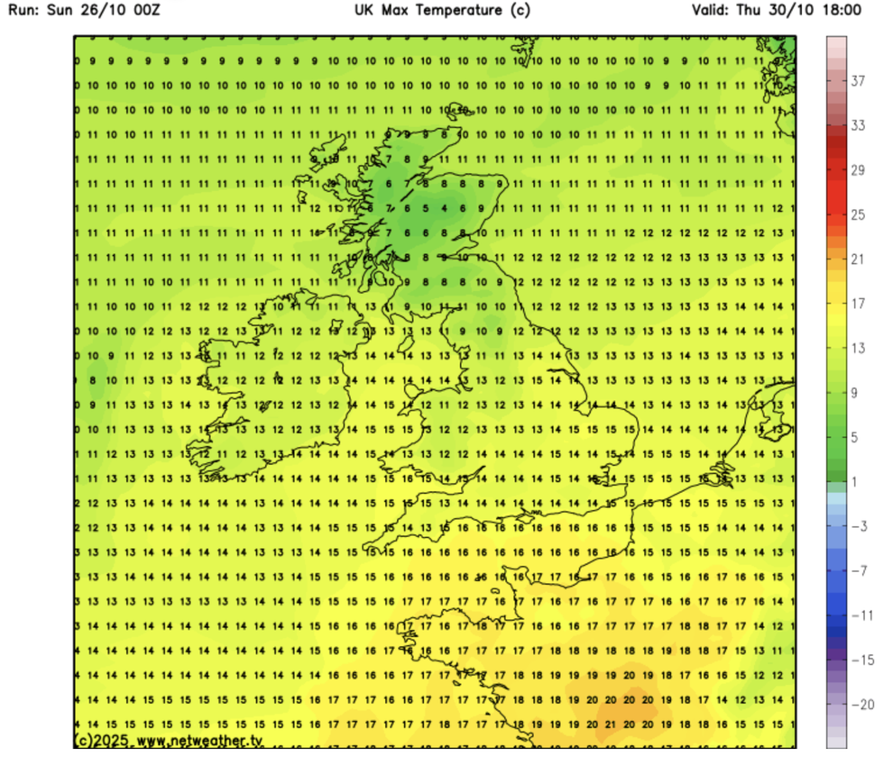 Weather map showing increased temperatures