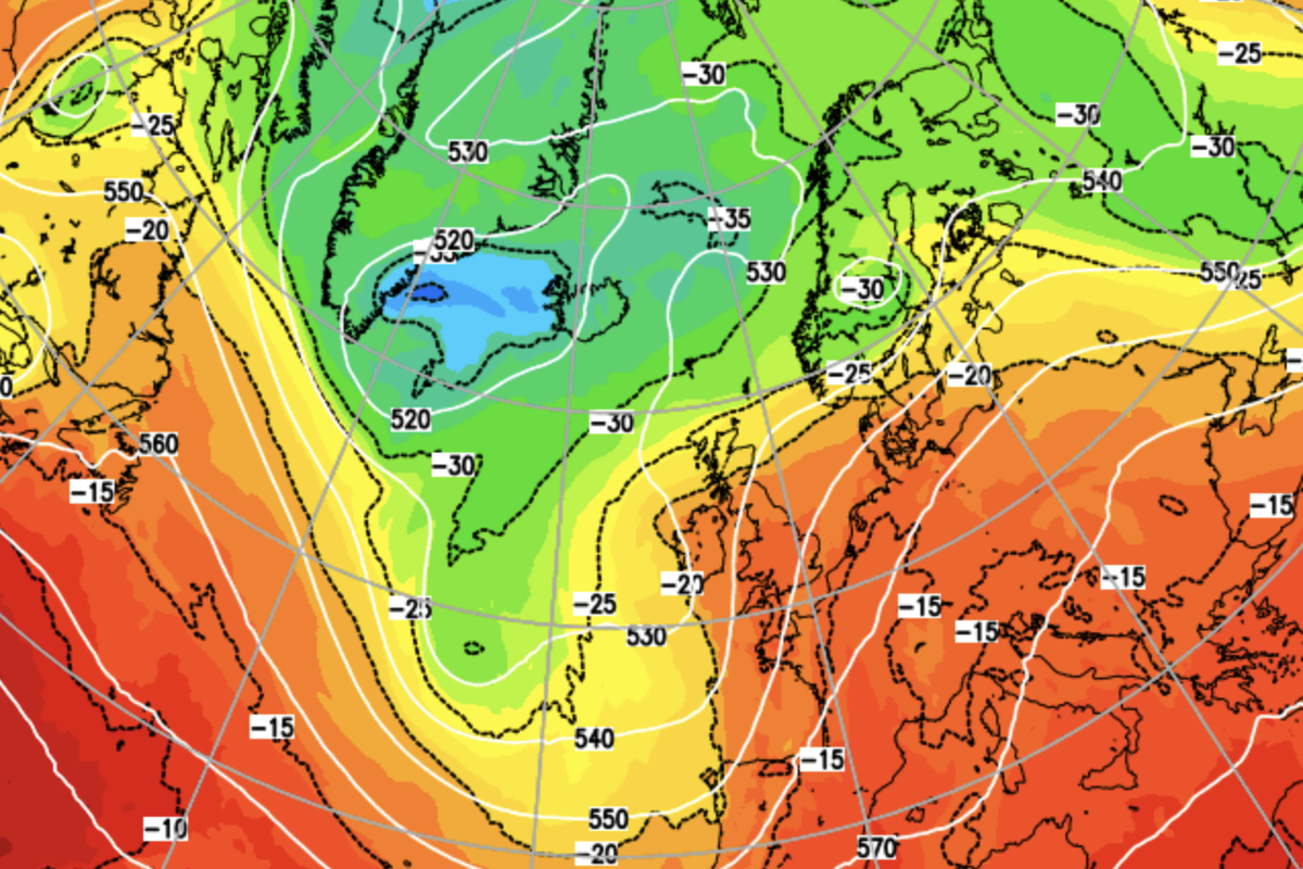 Weather map showing increased temperatures