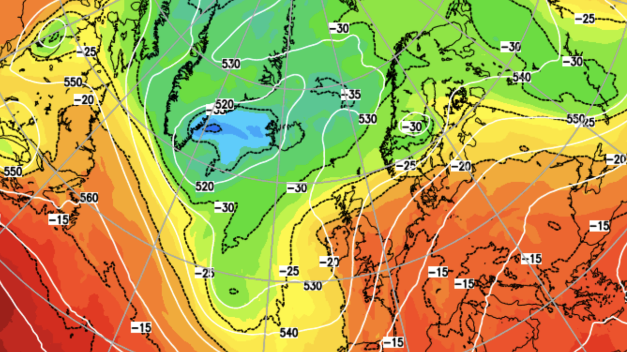 Weather map showing increased temperatures