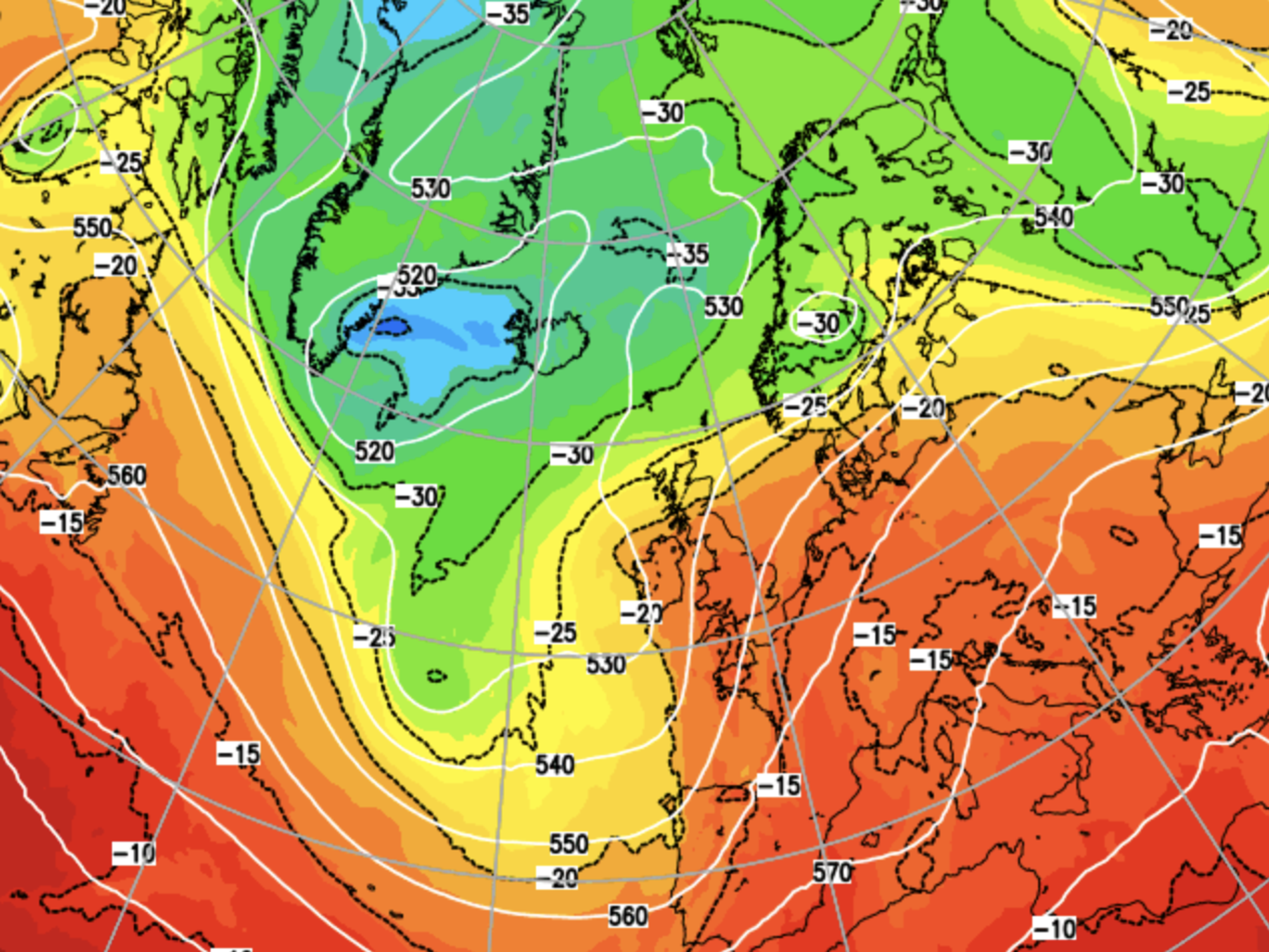 Weather map showing increased temperatures