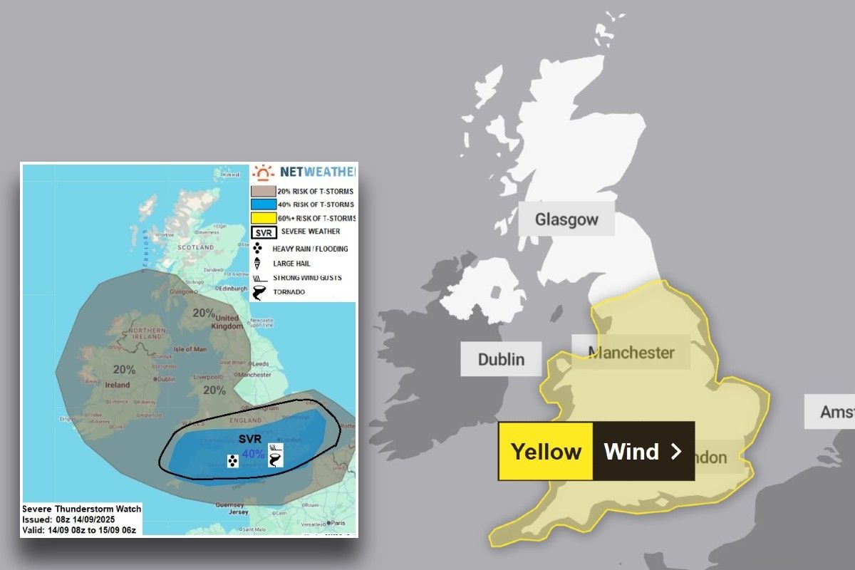 Weather map showing Met Office wind  warning and Netweather map showing possibility of isolated tornadoes