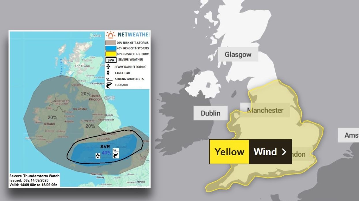 Weather map showing Met Office wind  warning and Netweather map showing possibility of isolated tornadoes