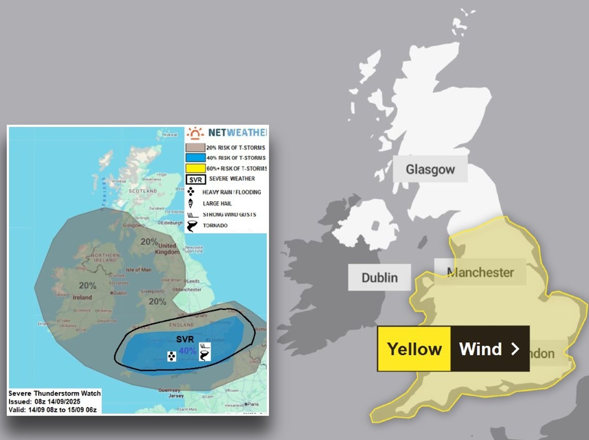 Weather map showing Met Office wind  warning and Netweather map showing possibility of isolated tornadoes