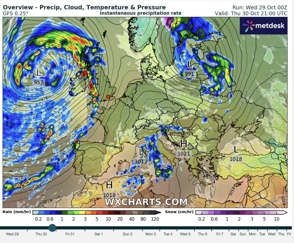 Weather map showing rain sweeping into Britain