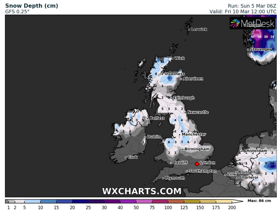 Weather map showing snow depth across UK on Friday March 12