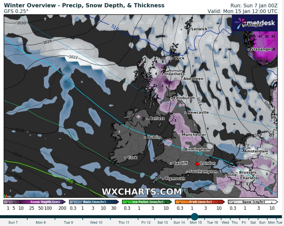 weather map showing snow moving south
