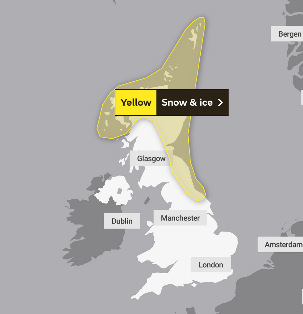 Weather map showing yellow weather warning over northern England and Scotland