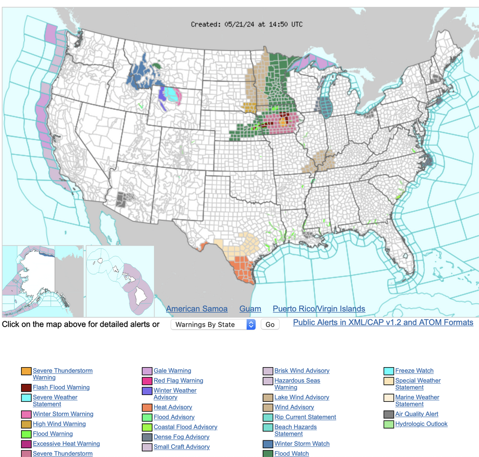 Weather warnings across the US