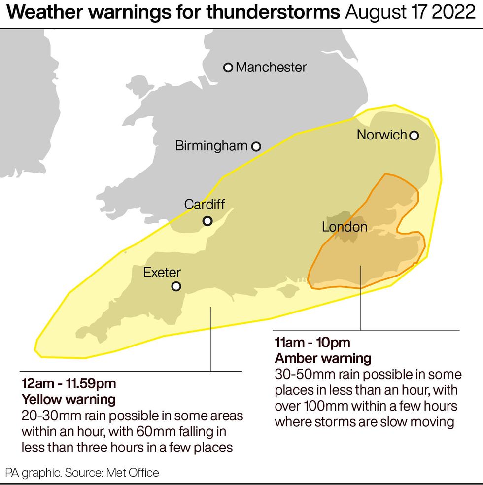 Weather warnings for thunderstorms August 17 2022. See story WEATHER Floods. Infographic PA Graphics. An editable version of this graphic is available if required. Please contact graphics@pamediagroup.com.