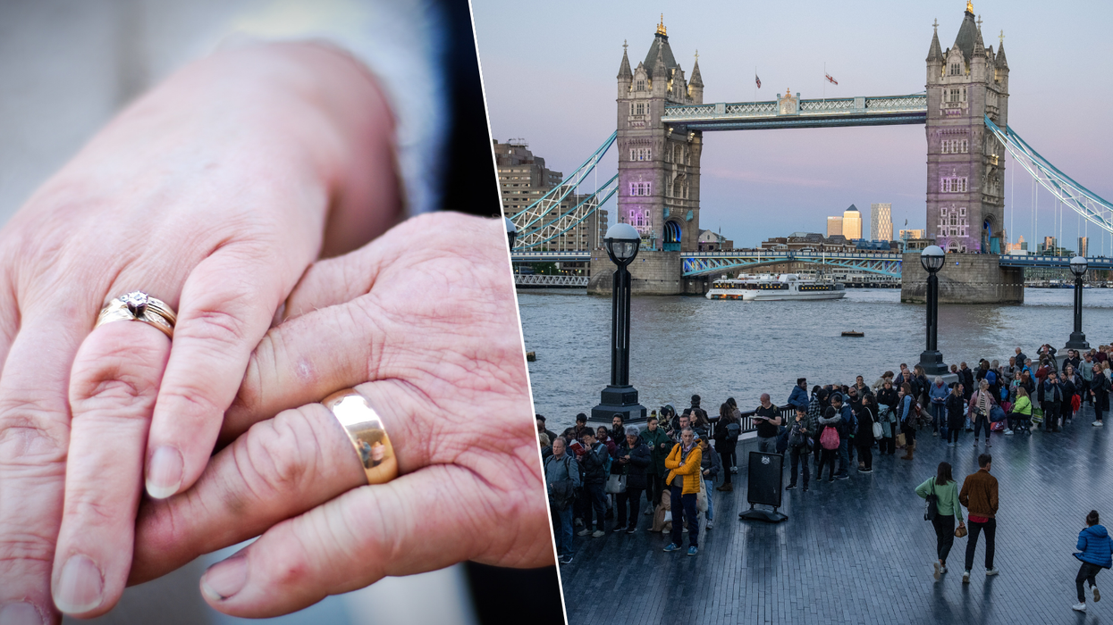 Wedding rings on old hands/Queen queue