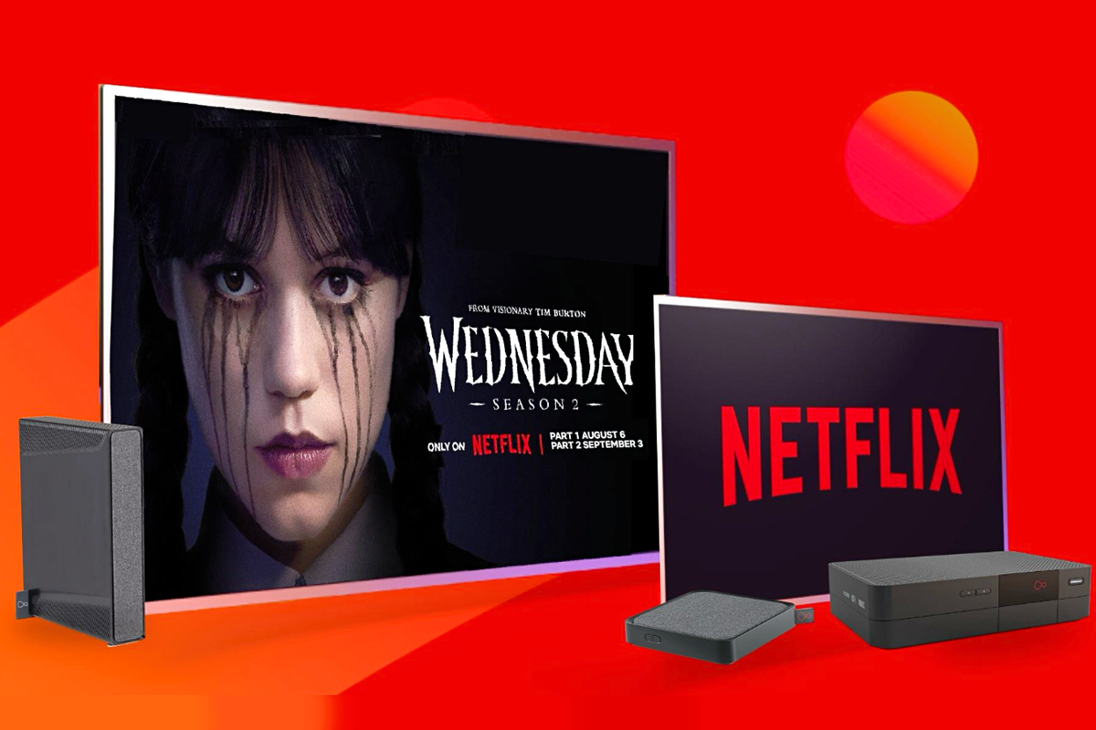 wednesday adams advert on the television screen alongside a virgin stream box and Wi-Fi router