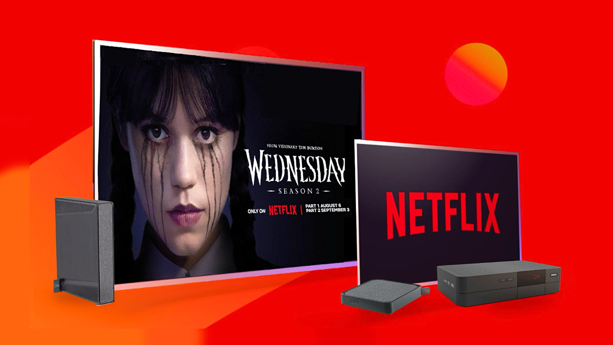 wednesday adams advert on the television screen alongside a virgin stream box and Wi-Fi router