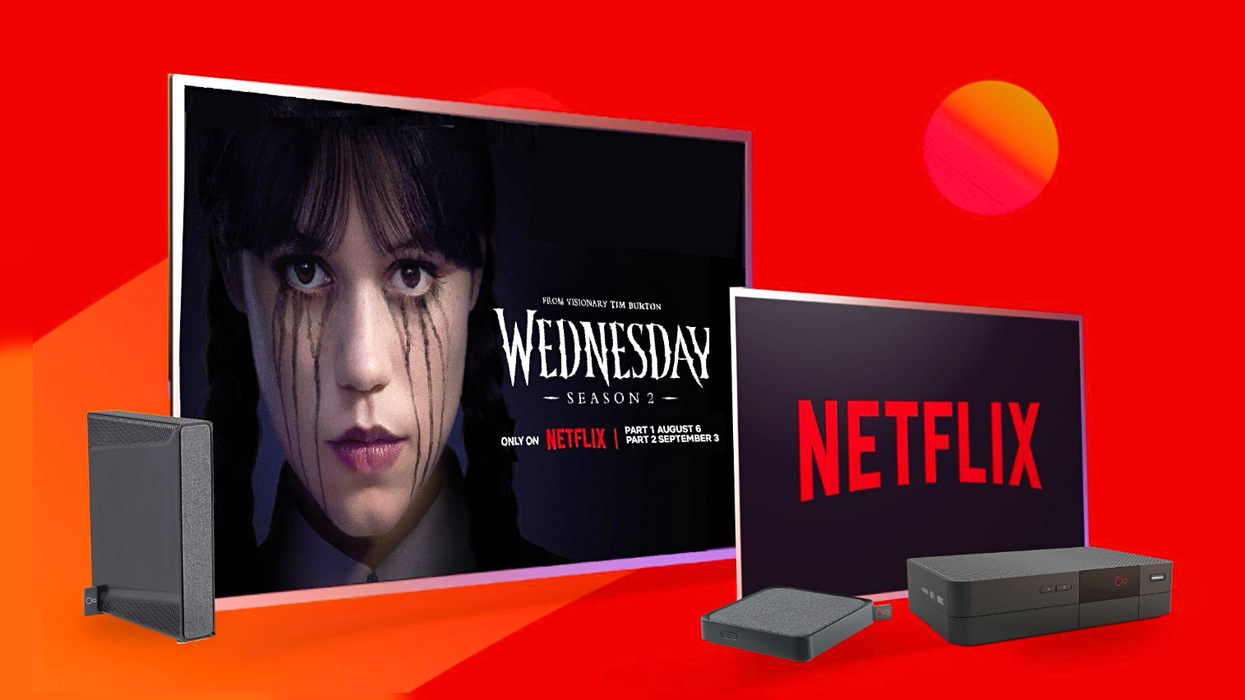 wednesday adams advert on the television screen alongside a virgin stream box and Wi-Fi router