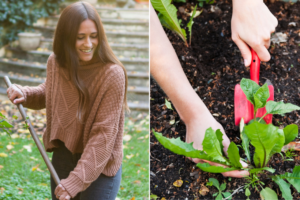 Weeding and raking in garden