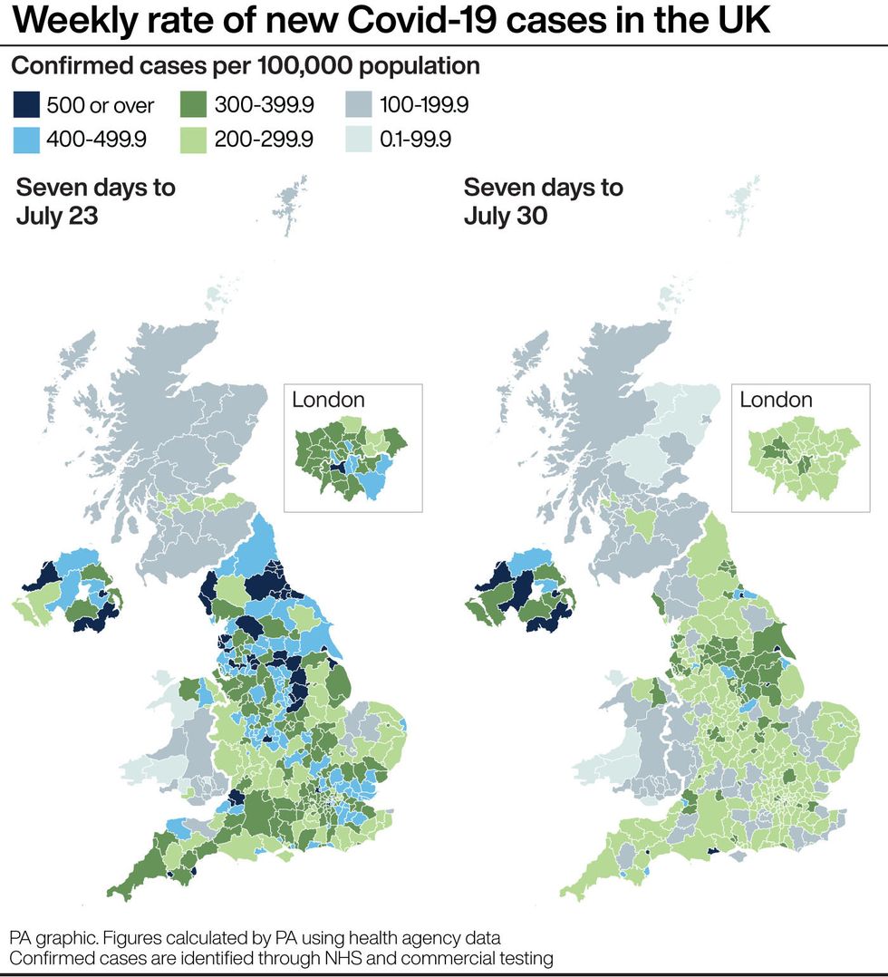 Weekly rate of new Covid-19 cases in the UK.