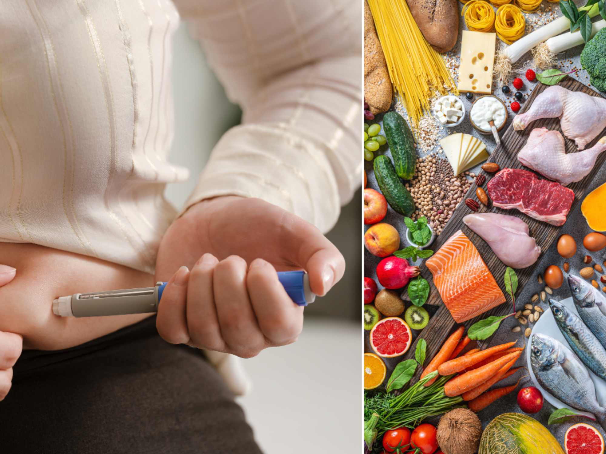 Weight loss injection; healthy foods on wooden board