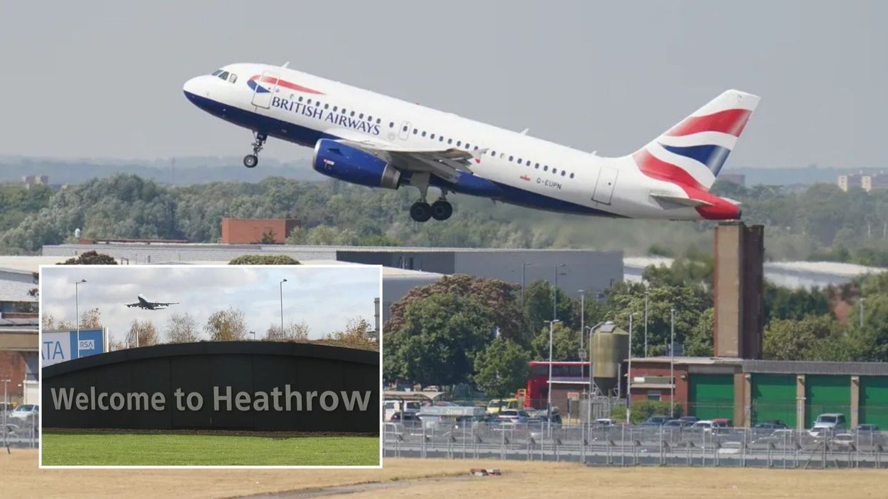 Welcome to Heathrow sign/British Airways flight taking off