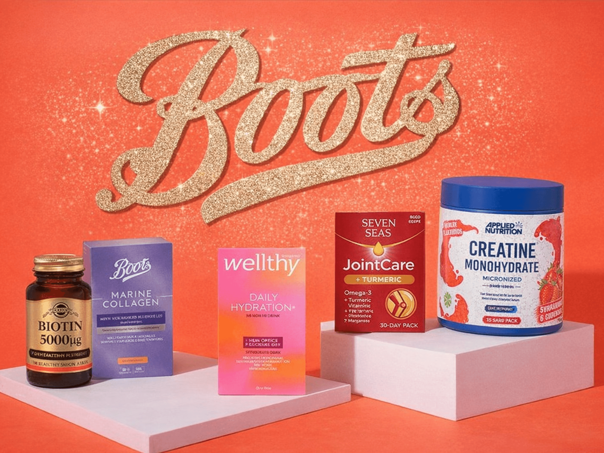 Wellness products on sale in front of Boots logo