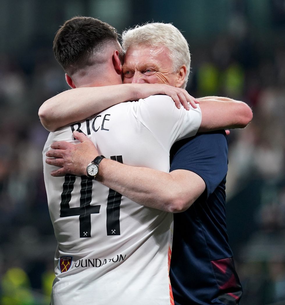 West Ham United's Declan Rice celebrates his sides victory with manager David Moyes