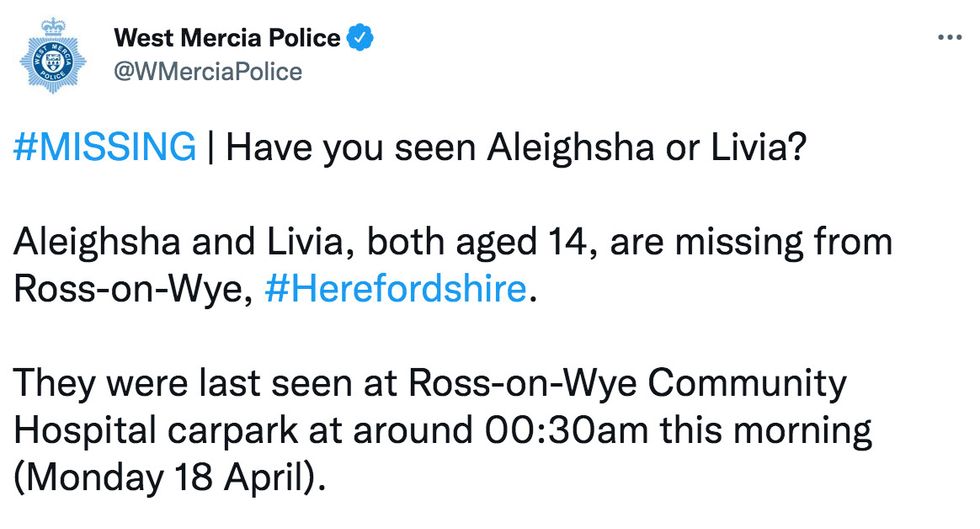 West Mercia Police appealed for help in the search of the two teenagers on social media