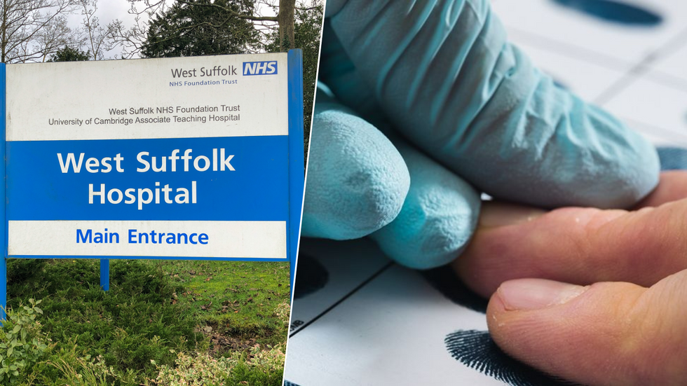 West Suffolk Hospital sign/fingerprint taking stock image