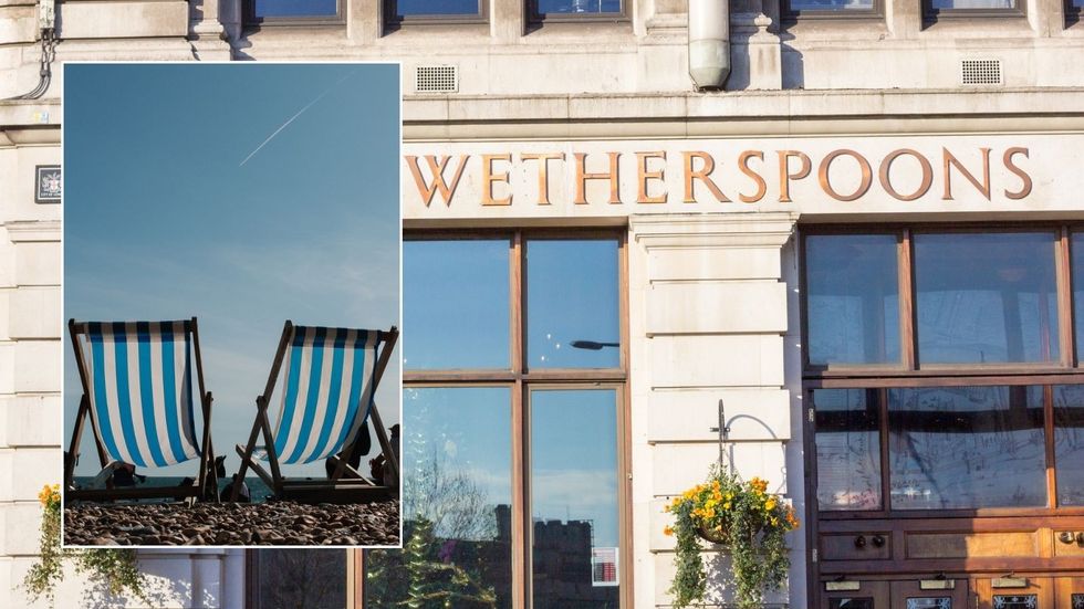 Wetherspoons and deckchairs on beach