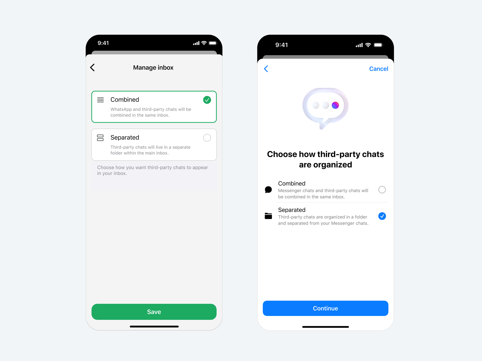 whatsapp and messenger screenshots showing the option to bring all text messages into the same inbox