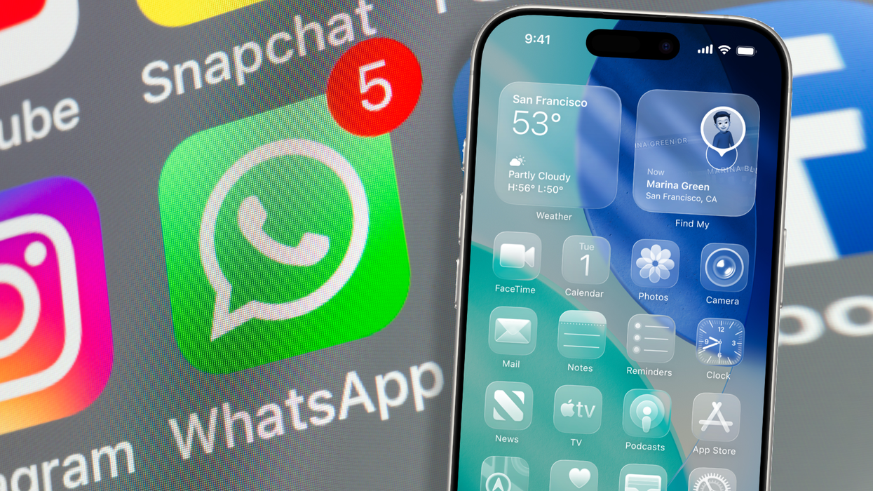 WhatsApp app icon in the background with unread messages and iPhone running iOS 26 in the foreground