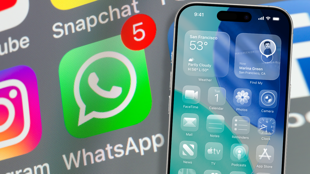 WhatsApp app icon in the background with unread messages and iPhone running iOS 26 in the foreground