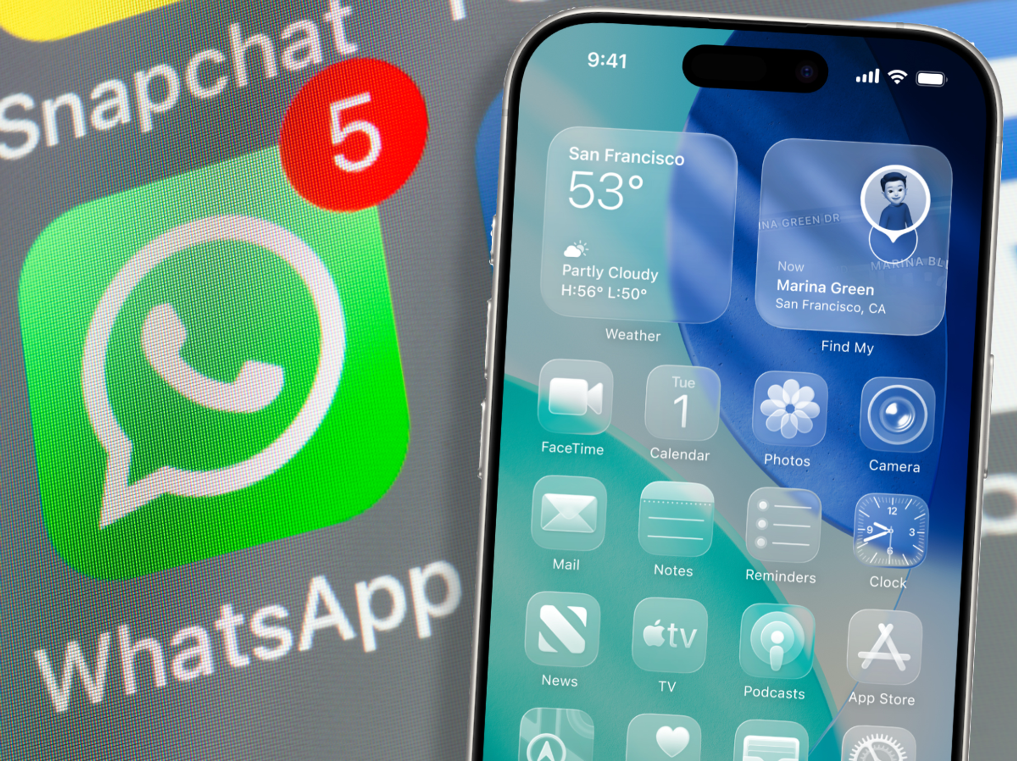WhatsApp app icon in the background with unread messages and iPhone running iOS 26 in the foreground