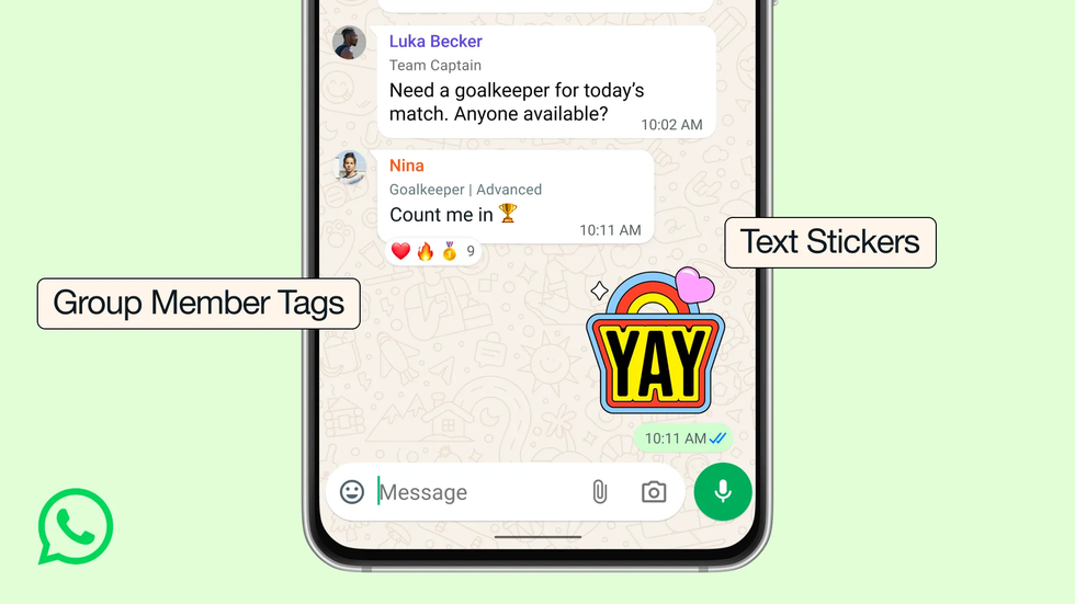 WhatsApp group member tags and text stickers displayed in group chats