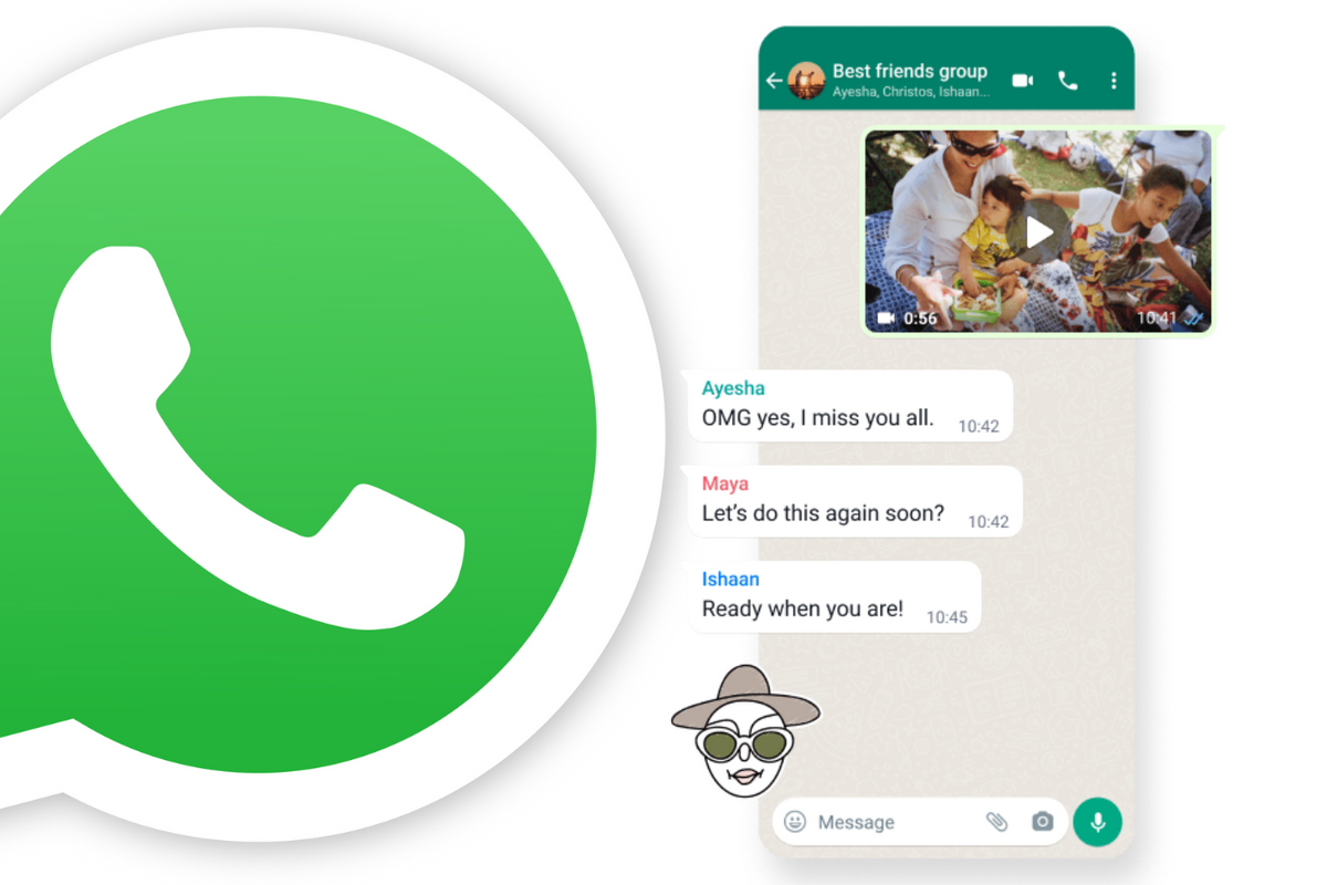whatsapp logo is pictured on the left-side, with an example of a conversation within the chat app with messages, videos, and stickers can be seen on the right