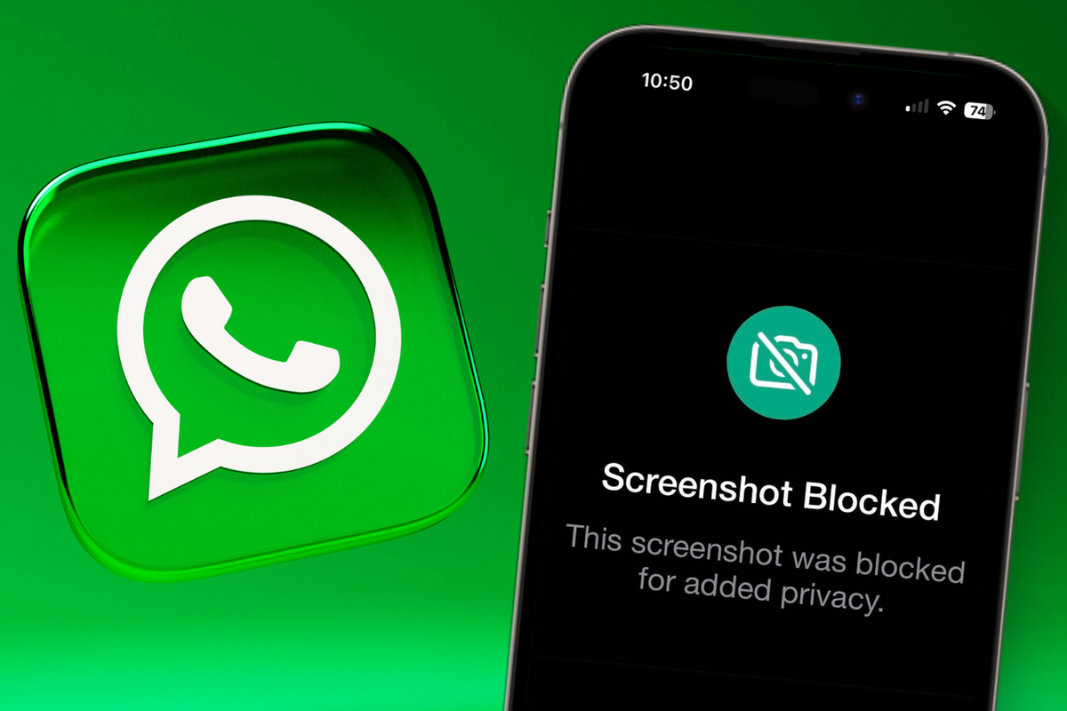 whatsapp logo pictured in the background while a smartphone screen with a screenshot block warning is shown in the forefront 