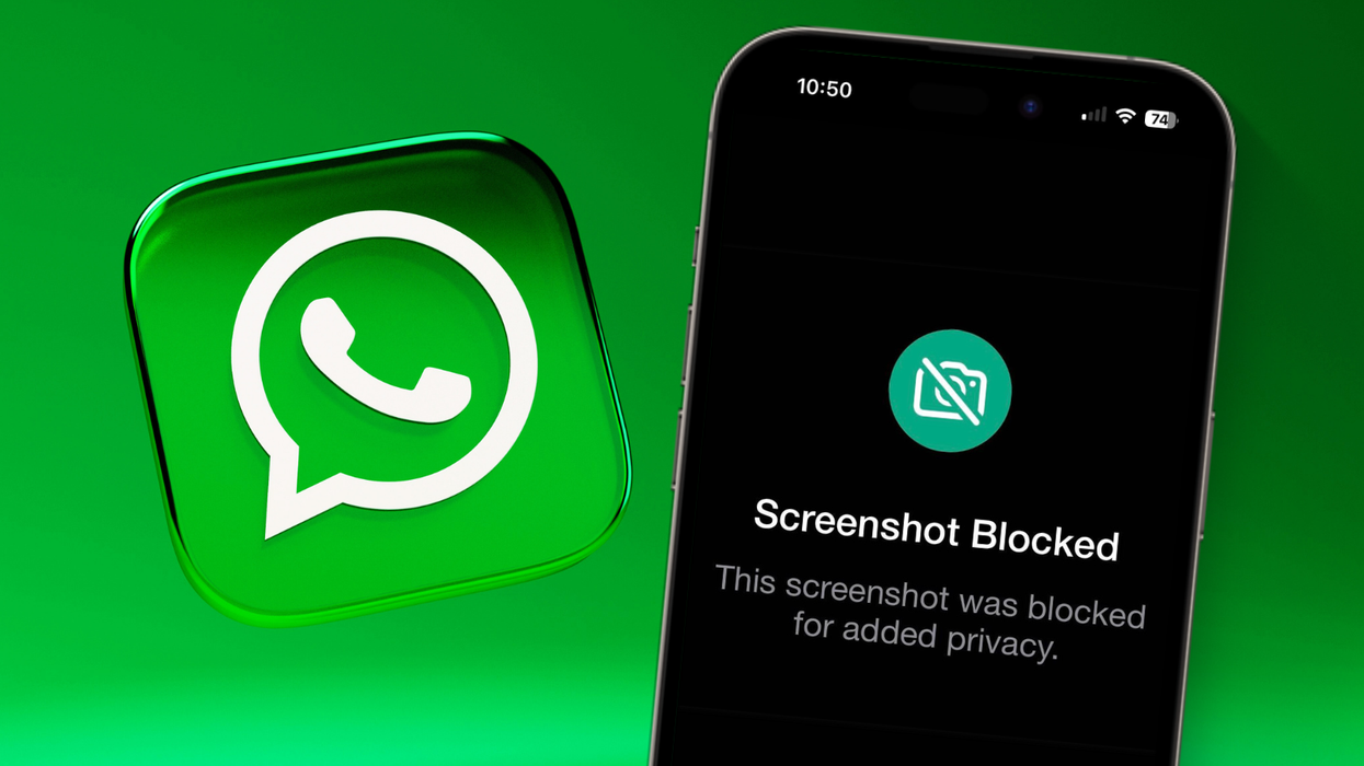 whatsapp logo pictured in the background while a smartphone screen with a screenshot block warning is shown in the forefront