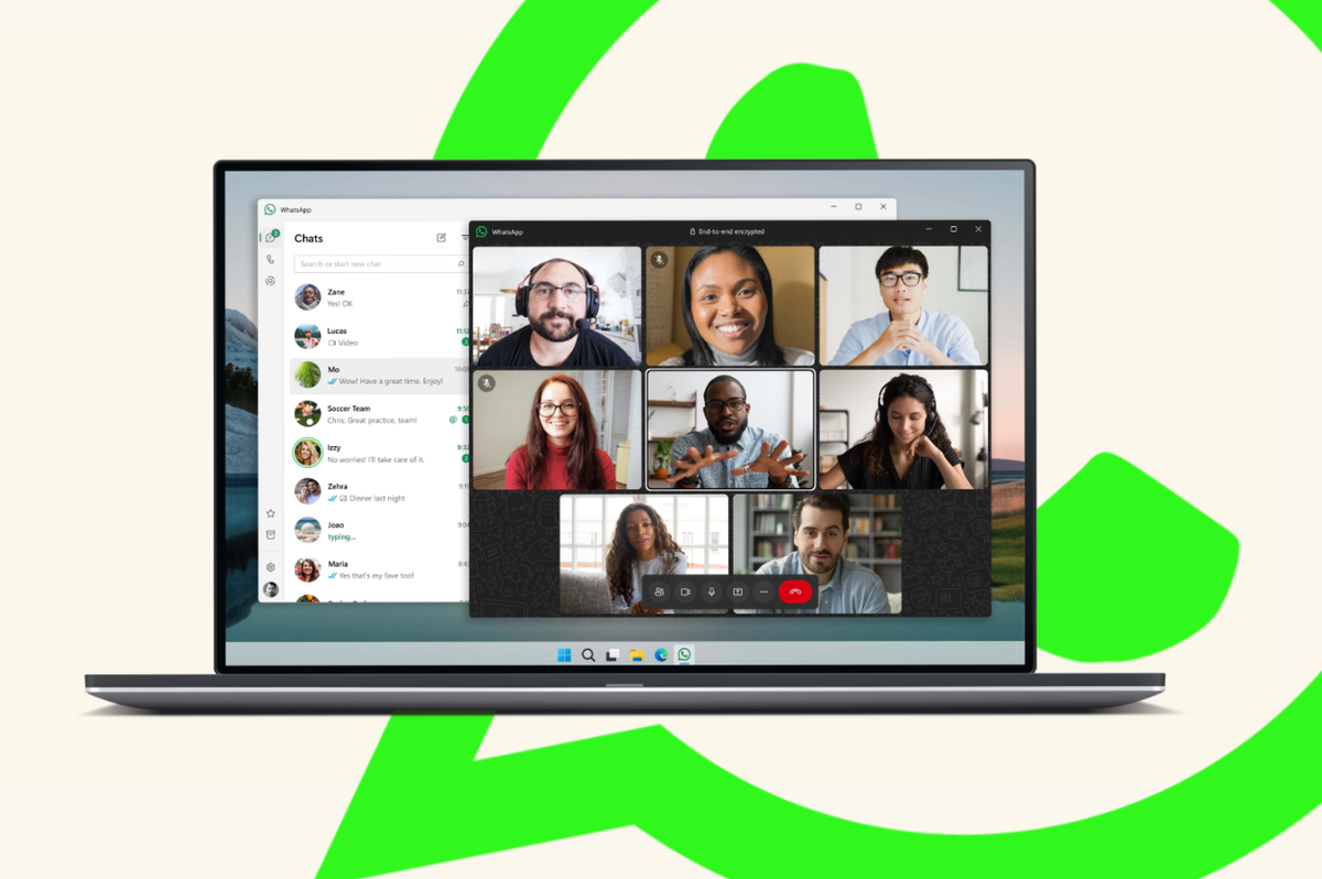 whatsapp on windows shown on a laptop with the messaging service logo in the background