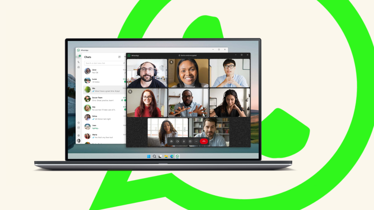 whatsapp on windows shown on a laptop with the messaging service logo in the background