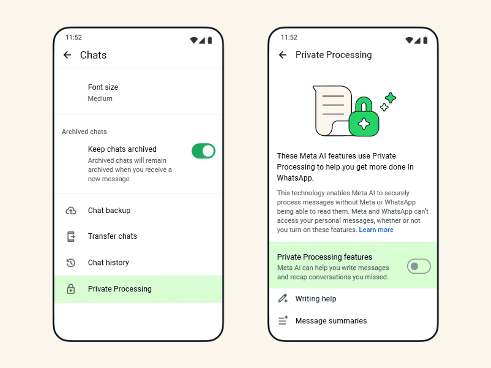 WhatsApp Private Processing settings