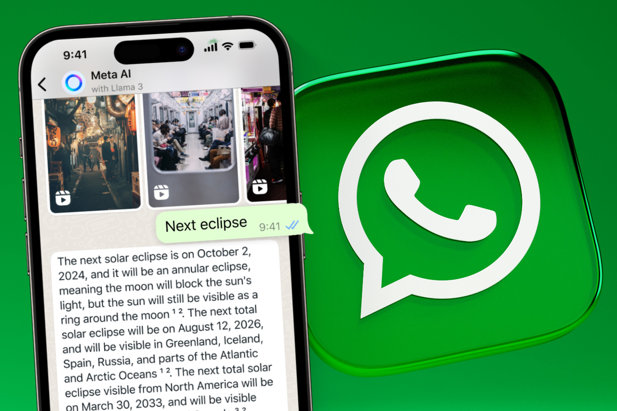 WhatsApp screenshot showing the Meta AI chatbot in use on iOS with the whatsapp logo in the background  