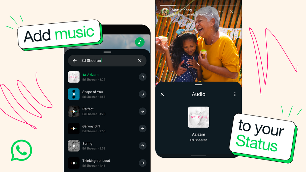 WhatsApp screenshots showing the new music Status feature and how it can be added to a profile