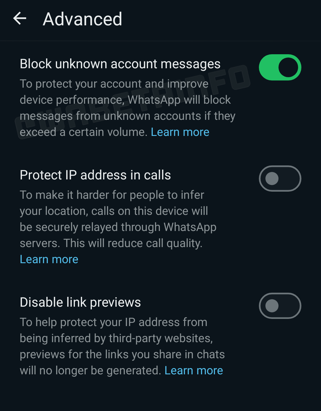 whatsapp settings screenshot showing the new block unknown account messages setting