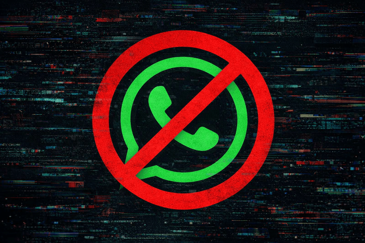 WhatsApp symbol with red block symbol in front of glitchy background