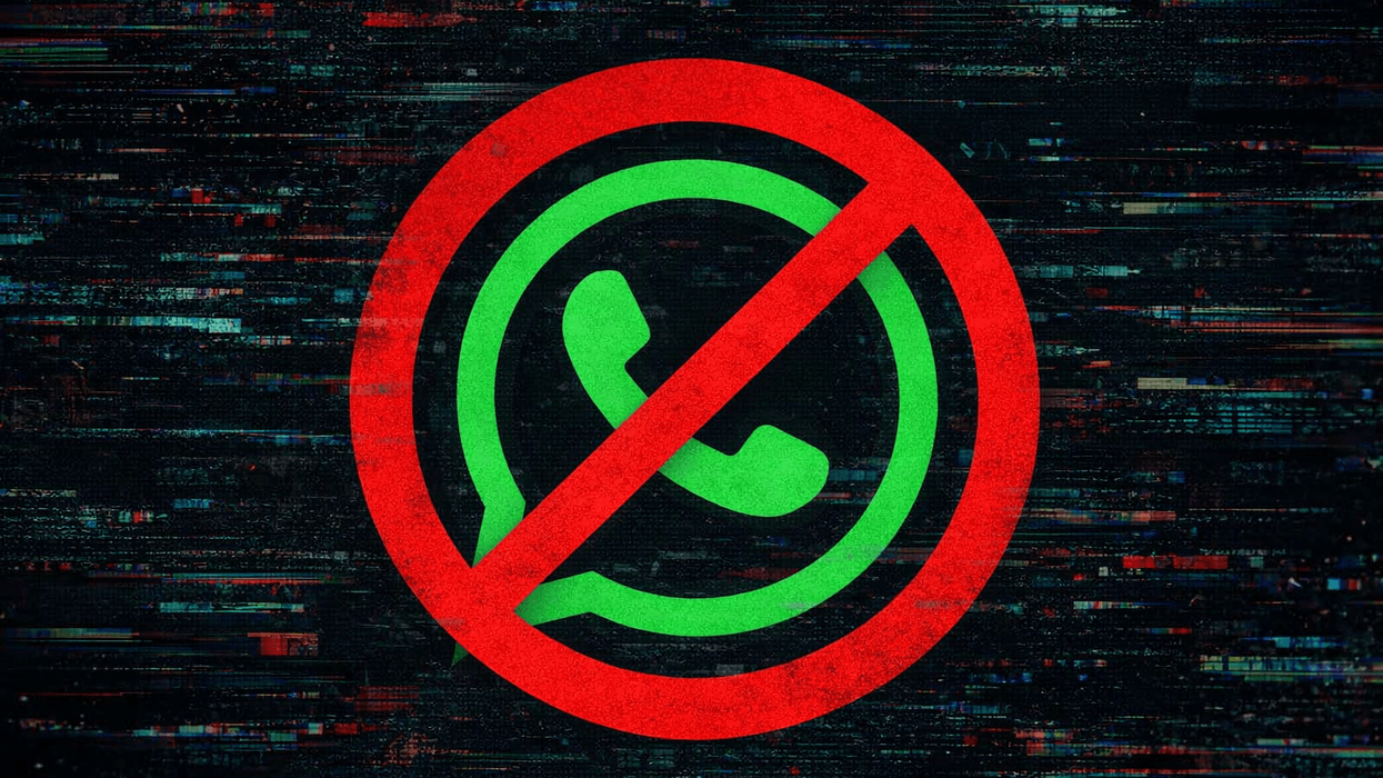 WhatsApp symbol with red block symbol in front of glitchy background