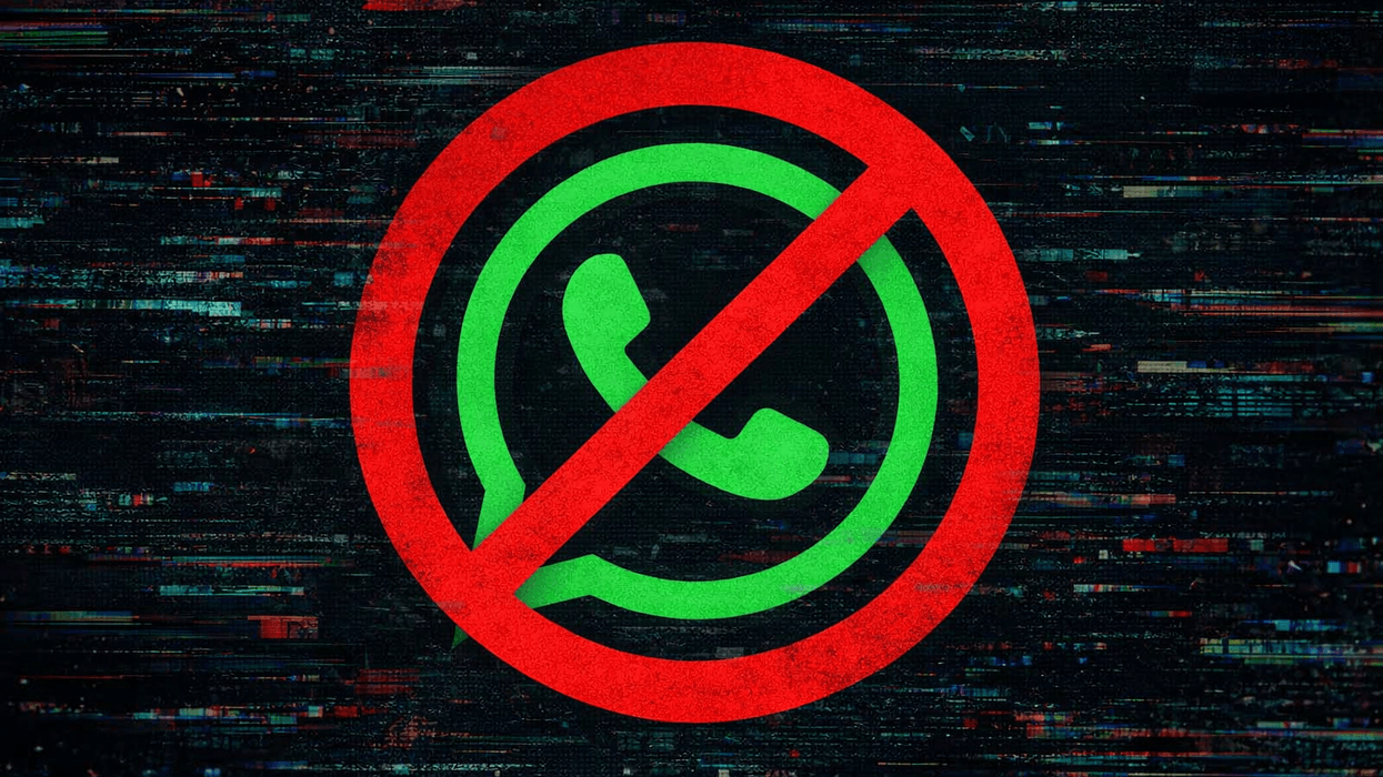 WhatsApp symbol with red block symbol in front of glitchy background