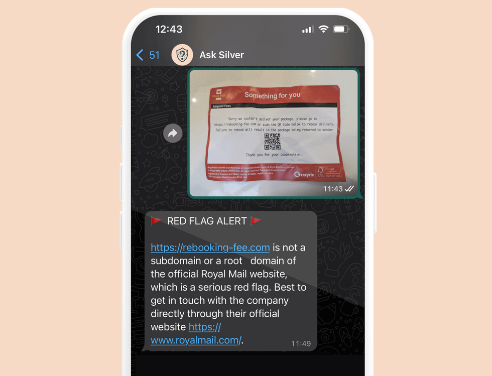whatsapp text conversation showing someone sending a scam to the AI