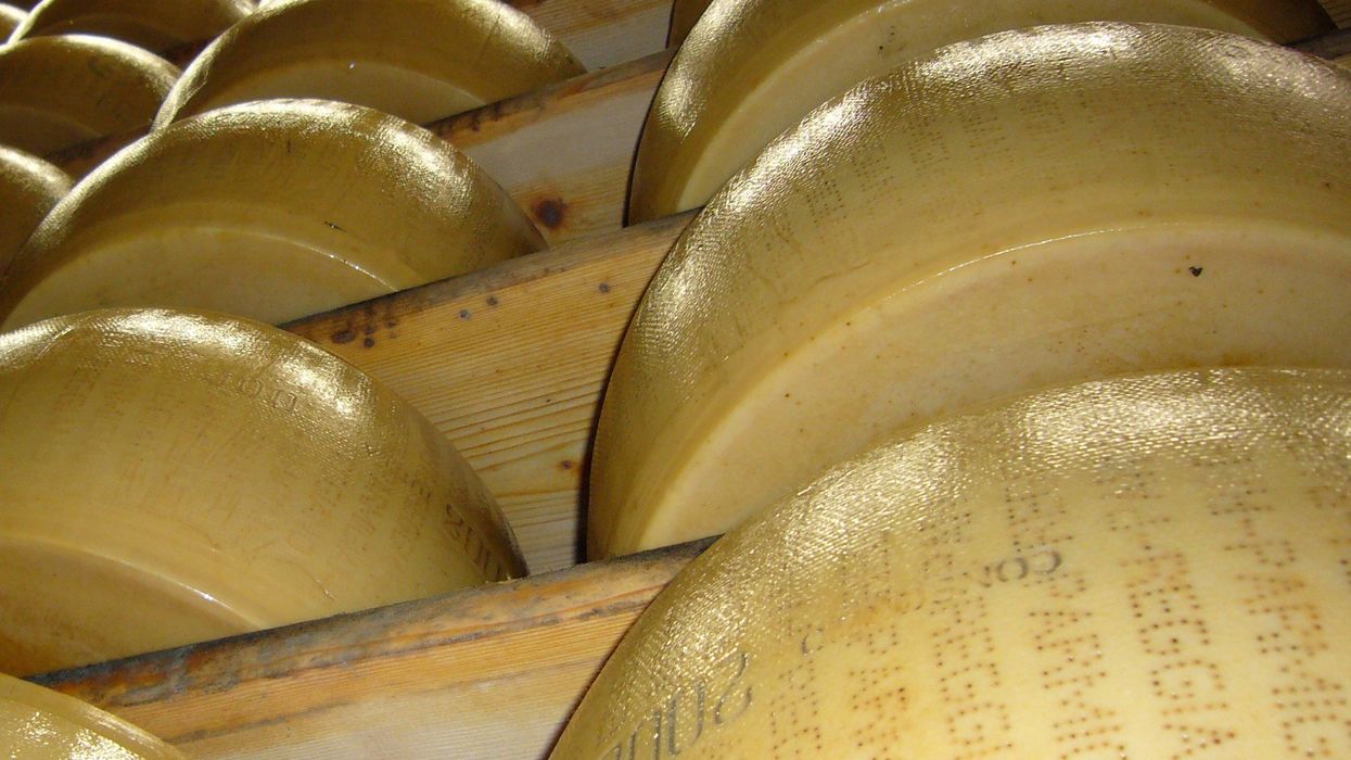 Wheels of cheese stacked