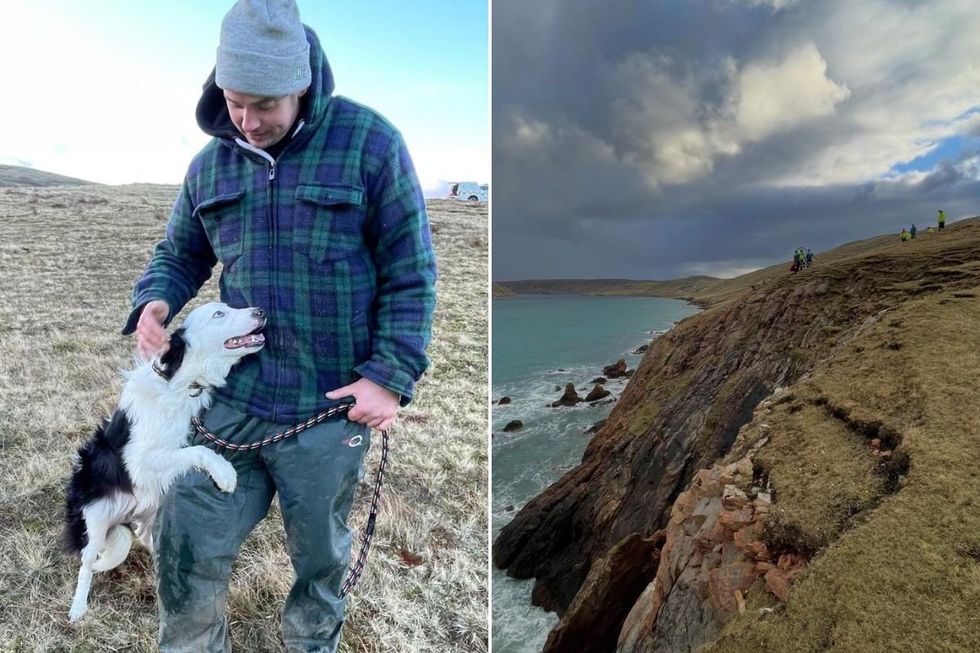 Whisp the dog with his owner / sheer cliff face the dog fell down