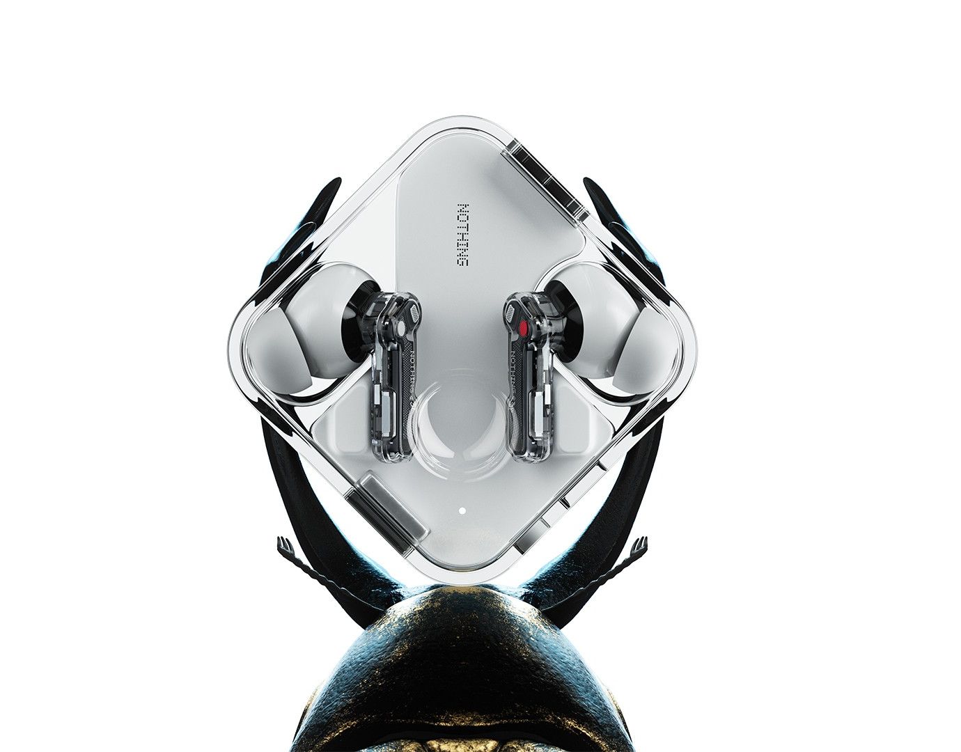 white nothing ear bluetooth earbuds pictured in the charging case in white