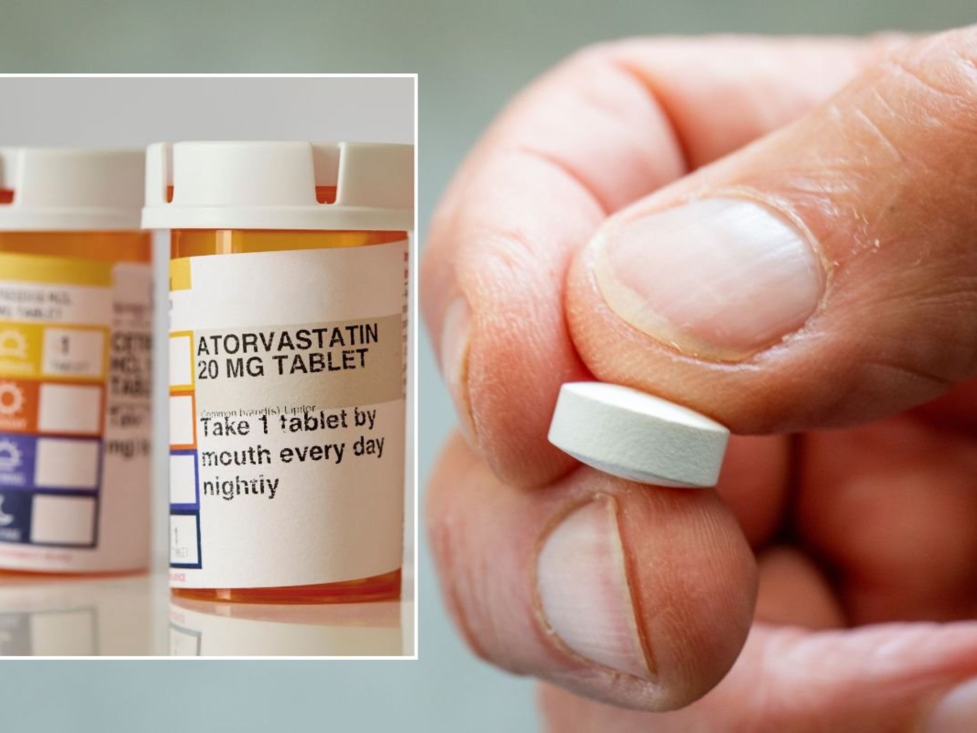 WHITE PILL IN HAND AND STATIN STOCK IMAGE