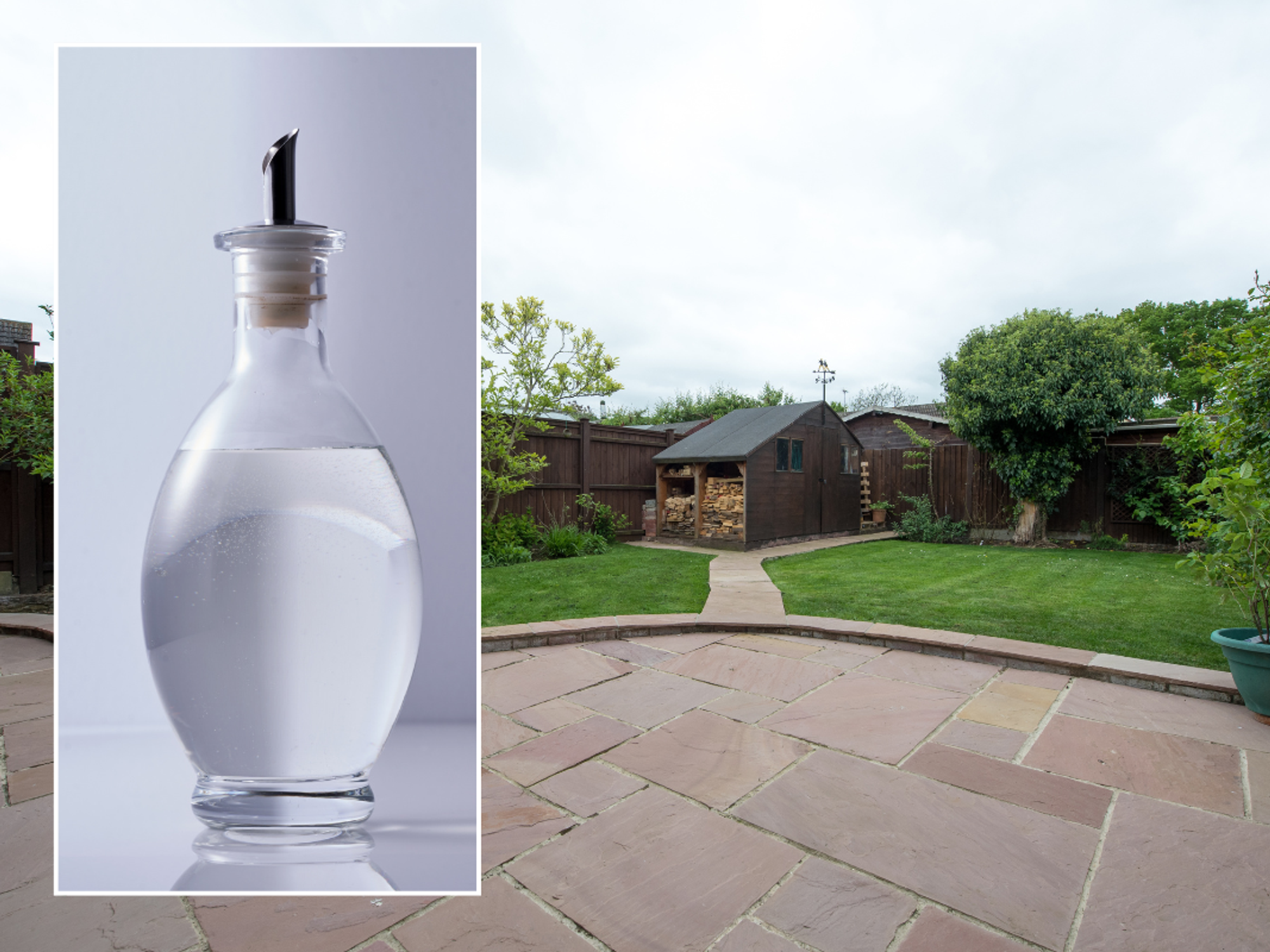 White vinegar in a glass bottle; a garden patio with a lawn